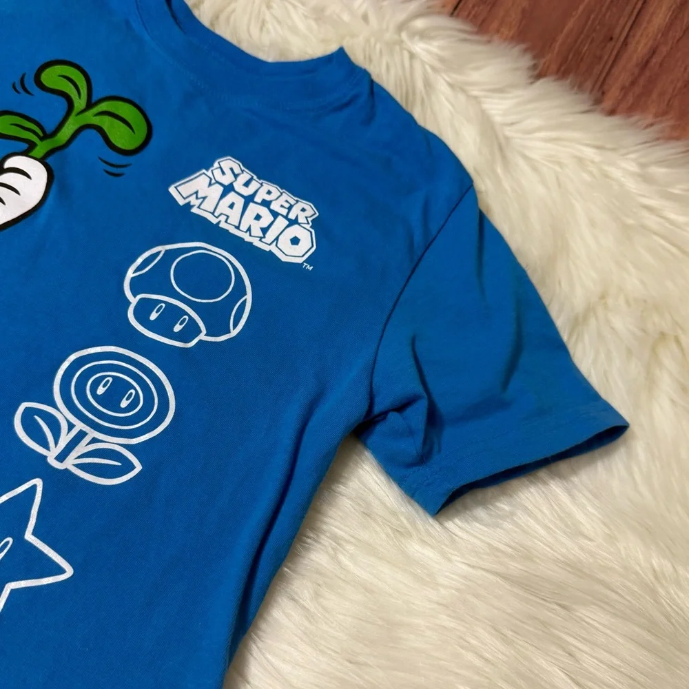Nintendo Super Mario Youth Boy Size 7 Blue Graphic Short Sleeve Shirt